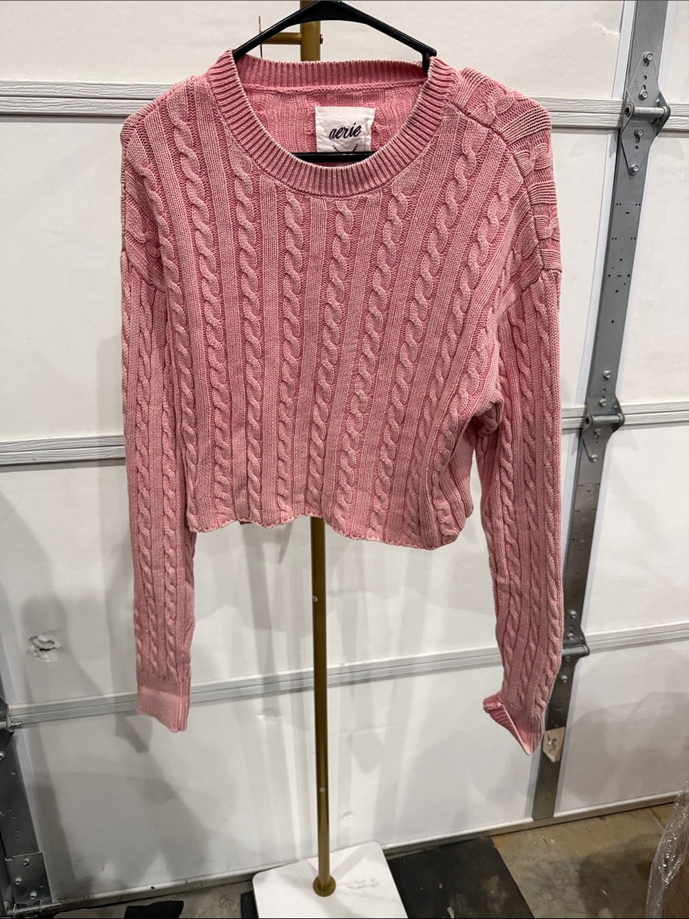aerie Pink Cable Knit Cropped Crewneck Sweater